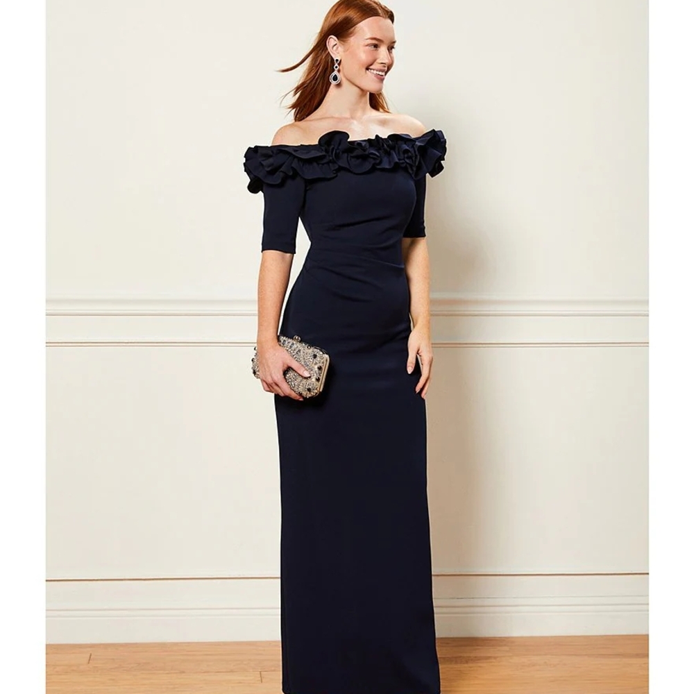 Xscape Navy Blue Ruched Off-Shoulder Gown - Picture 6 of 10
